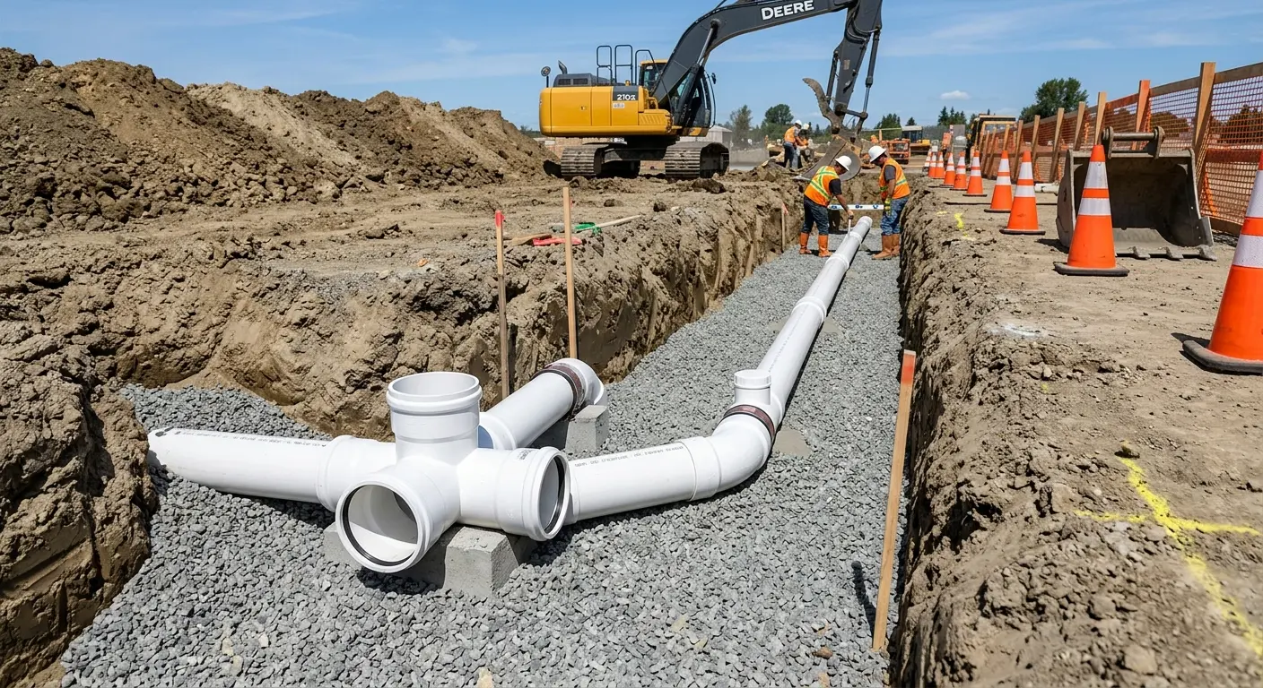 New PVC sewer pipe installation in open trench for Sewer Backup in Orange Cove