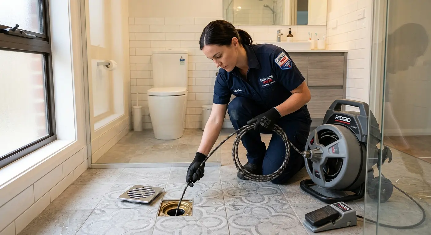 Technician clearing a bathroom floor drain for Sewer Line Replacement in Orange Cove